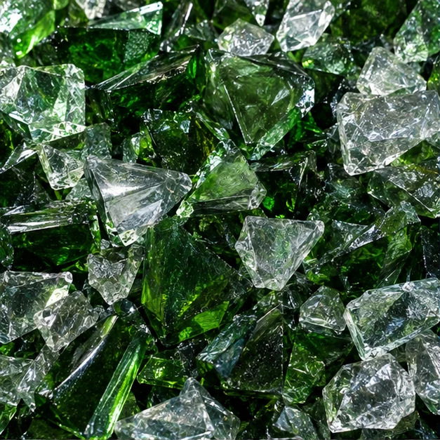 Illustrative close-up of green and clear recycled glass