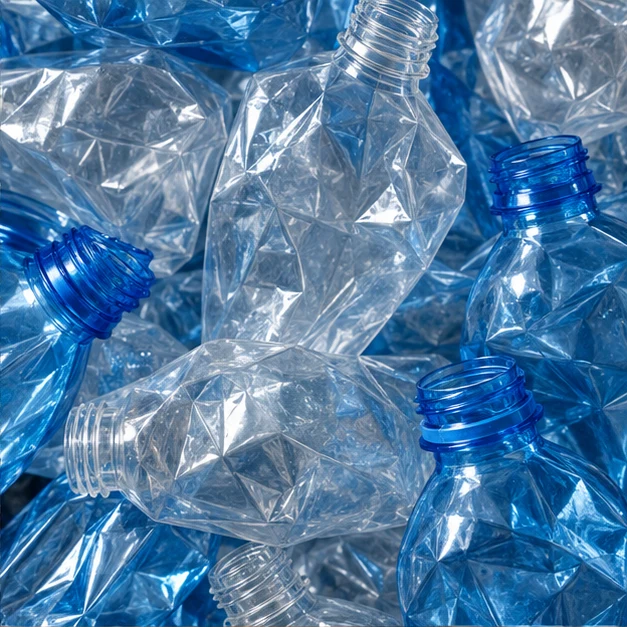 Illustrative close-up of clear and blue plastic bottles