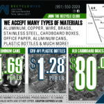 Recycling center price flyer for cans, bottles, cardboard