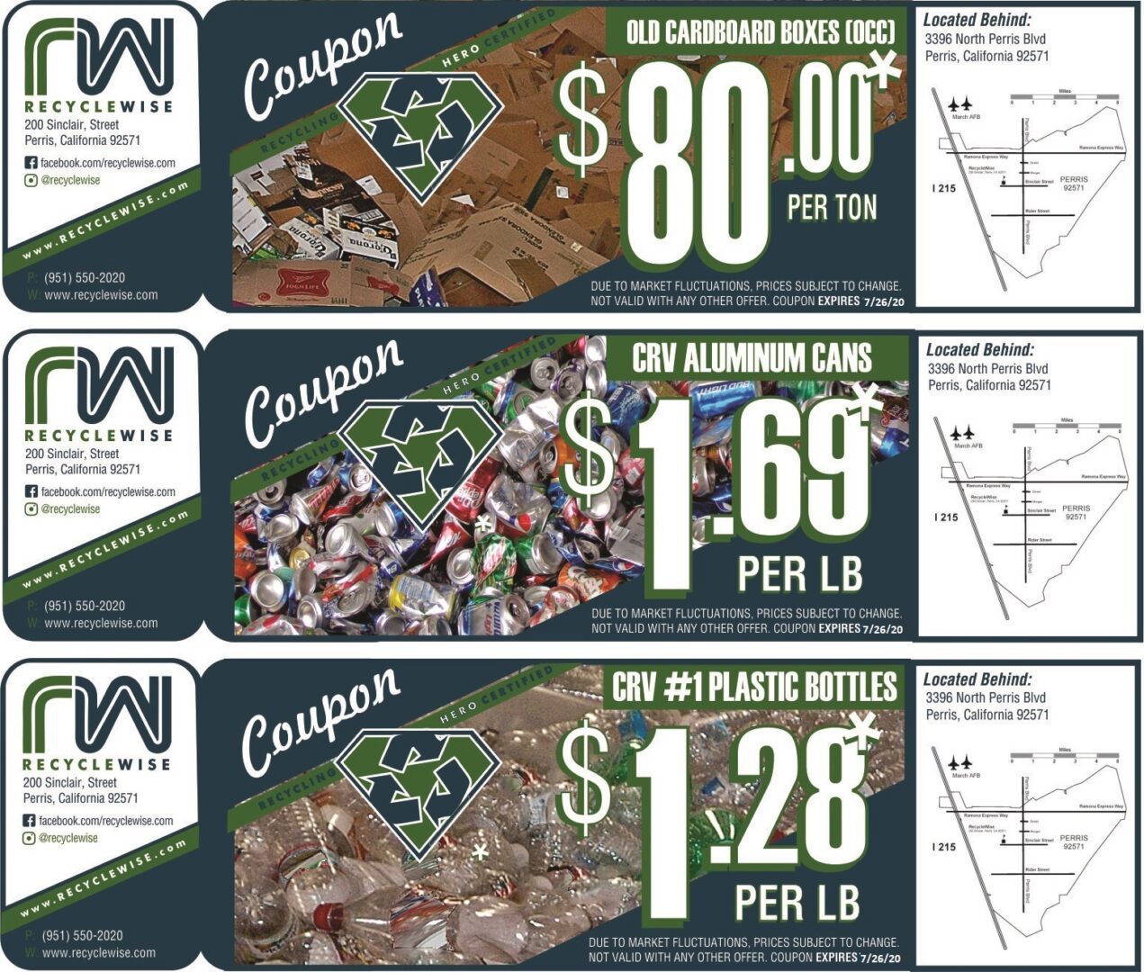 RecycleWise coupons for cardboard, aluminum, plastic