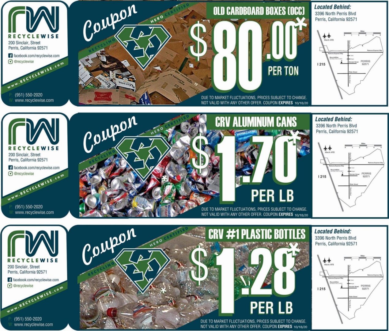 Three recycling coupons for cardboard, cans, bottles