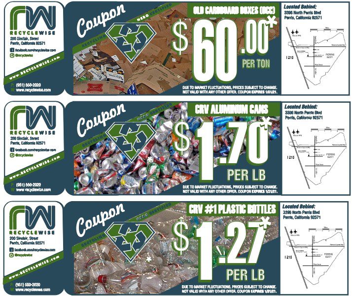 Recycling coupons for cardboard, cans, bottles