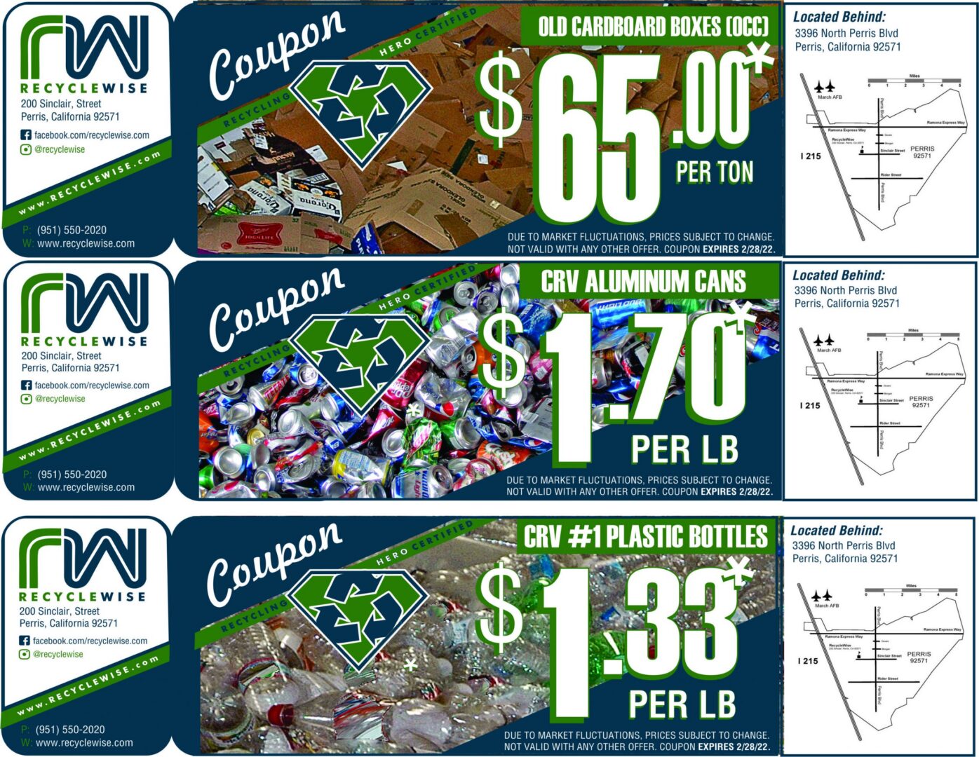 RecycleWise recycling coupons for cardboard, cans, bottles