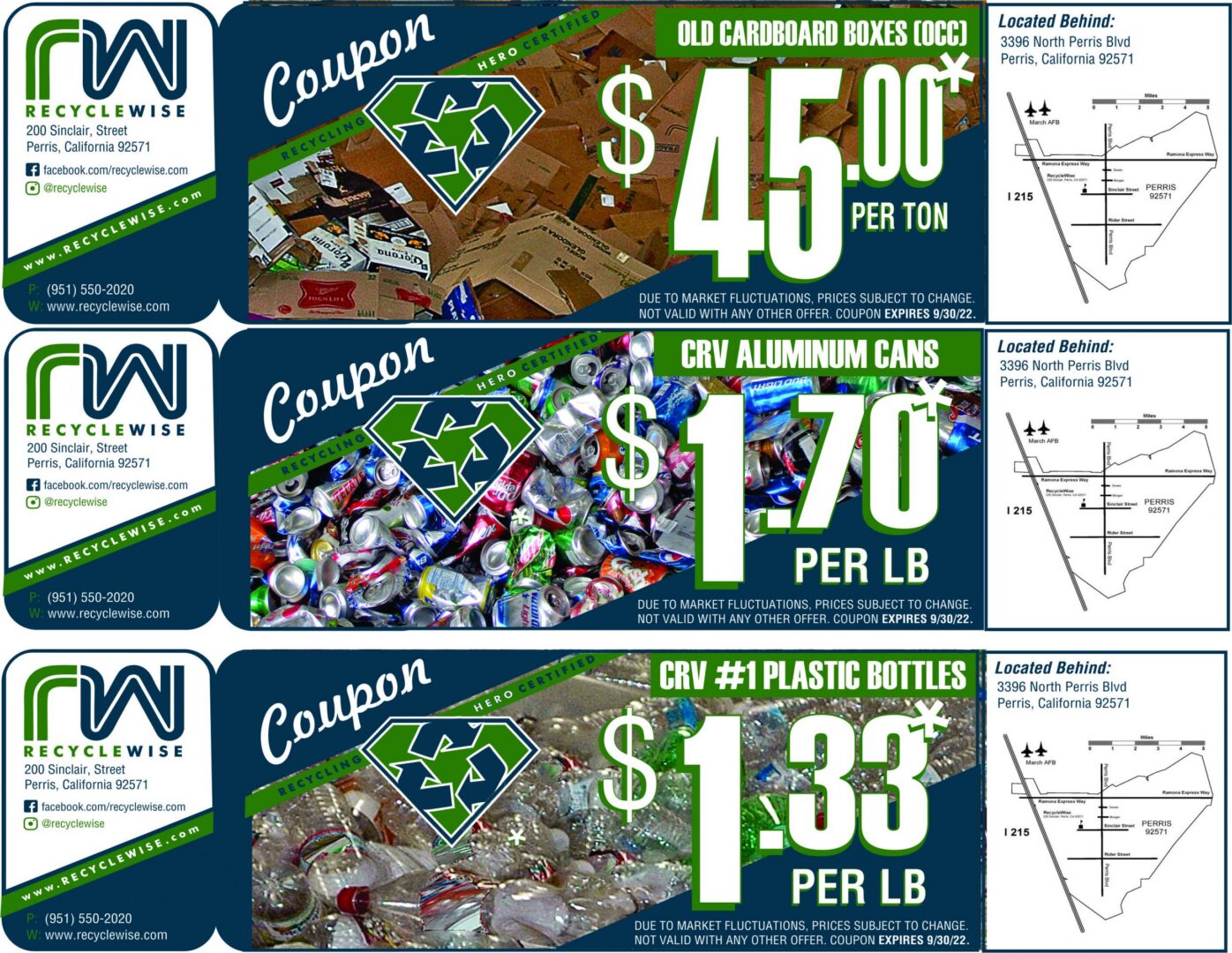 Coupons for cardboard, aluminum cans, plastic bottles