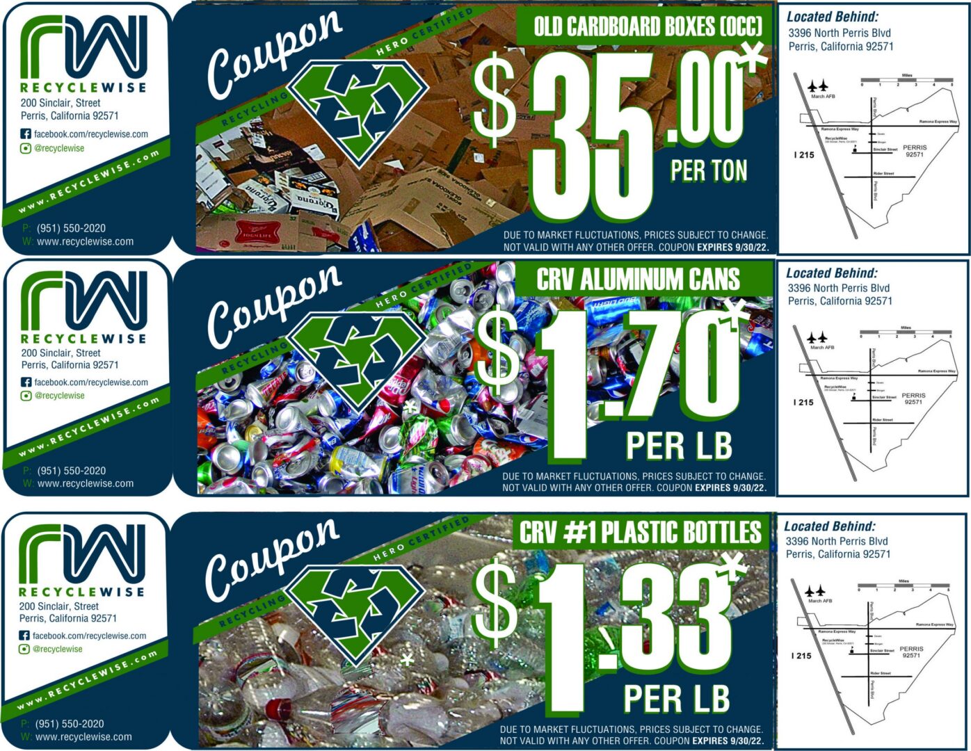 Coupons for cardboard, aluminum cans, plastic bottles