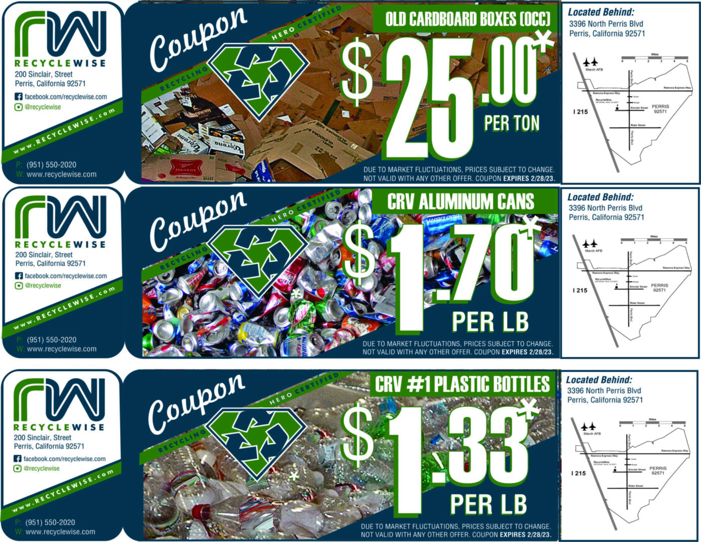 RecycleWise coupons for cardboard, cans, bottles